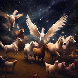 A myriad of farm animal Pegasus: cows, pigs, horses, chickens, and sheep, all with fantastical wings flying harmoniously across the celestial starscape.