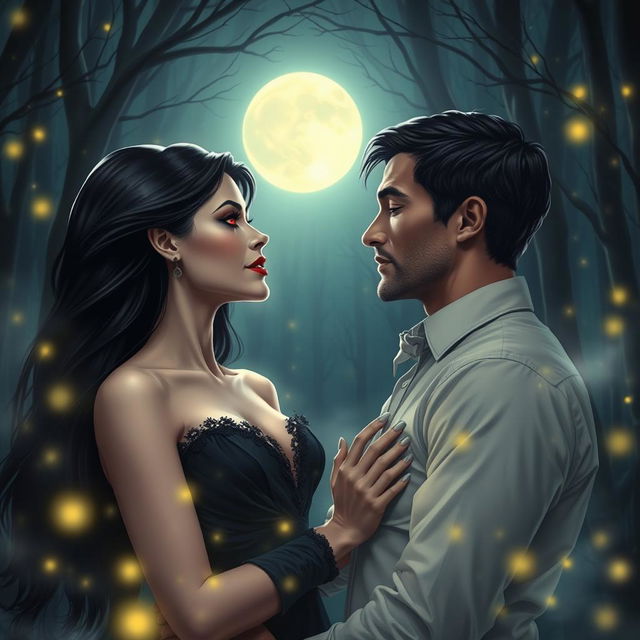 A beautiful vampire woman with long flowing black hair and pale skin, dressed in an elegant, dark Victorian gown, stands under the moonlight in an enchanted forest