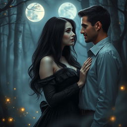 A beautiful vampire woman with long flowing black hair and pale skin, dressed in an elegant, dark Victorian gown, stands under the moonlight in an enchanted forest