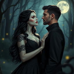 A beautiful vampire woman with long flowing black hair and pale skin, dressed in an elegant, dark Victorian gown, stands under the moonlight in an enchanted forest