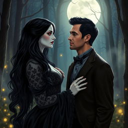 A beautiful vampire woman with long flowing black hair and pale skin, dressed in an elegant, dark Victorian gown, stands under the moonlight in an enchanted forest