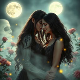 A stunning vampire woman with long, dark, flowing hair and luminous pale skin, dressed in an elegant, vintage black lace gown, stands in a moonlit, enchanted garden filled with blooming roses and ethereal mist