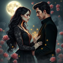 A stunning vampire woman with long, dark, flowing hair and luminous pale skin, dressed in an elegant, vintage black lace gown, stands in a moonlit, enchanted garden filled with blooming roses and ethereal mist