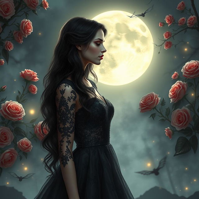 A stunning vampire woman with long, dark, flowing hair and luminous pale skin, dressed in an elegant, vintage black lace gown, stands in a moonlit, enchanted garden filled with blooming roses and ethereal mist