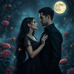 A stunning vampire woman with long, dark, flowing hair and luminous pale skin, dressed in an elegant, vintage black lace gown, stands in a moonlit, enchanted garden filled with blooming roses and ethereal mist