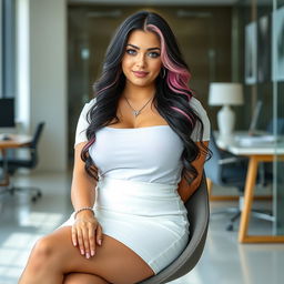 A sexy and beautiful 18-year-old girl with medium black and pink hair and very light blue eyes, wearing a short white business skirt and top, sitting on a chair in a modern office environment