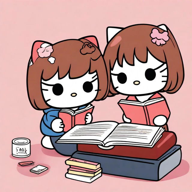 A digital art image of two Hello Kitty characters studying