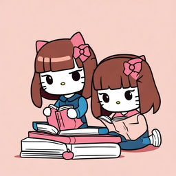 A digital art image of two Hello Kitty characters studying