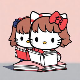 A digital art image of two Hello Kitty characters studying