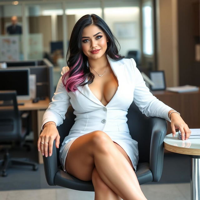 An innocent yet sexy, curvy, voluptuous woman, 18 years old, with medium black and pink hair and very light blue eyes, is seated confidently on a chair in a modern office