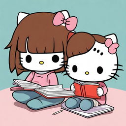 A digital art image of two Hello Kitty characters studying