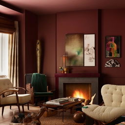 A unique, chic living room theme with a mix of modern and vintage furniture, rich-toned walls, eclectic art pieces, a cozy fireplace, and warm, soft lighting.