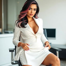 A young, curvy woman with medium-length black and pink hair and striking light blue eyes, embodying an innocent yet sexy vibe