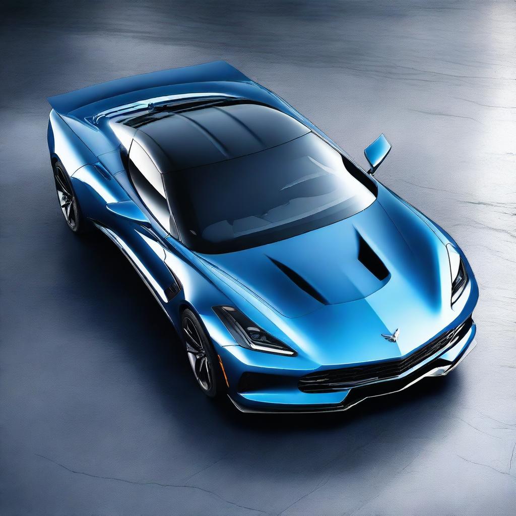 This high-resolution digital art image features the Mako Shark Corvette, showcasing its unique design and deep blue and white gradient paint job