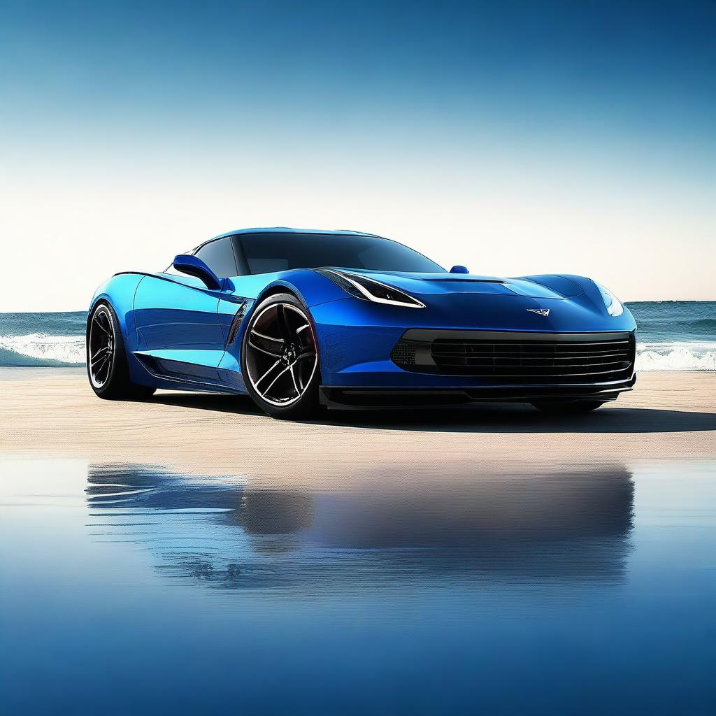 This high-resolution digital art image features the Mako Shark Corvette, showcasing its unique design and deep blue and white gradient paint job