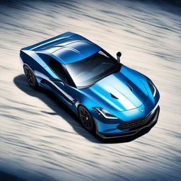 This high-resolution digital art image features the Mako Shark Corvette, showcasing its unique design and deep blue and white gradient paint job