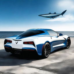 This high-resolution digital art image features the Mako Shark Corvette, showcasing its unique design and deep blue and white gradient paint job