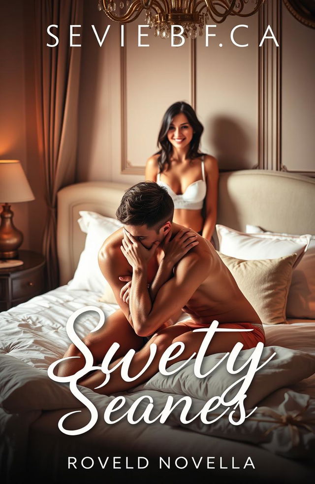 A sweet and sensual erotica novella book cover capturing a tender moment in a beautifully designed bedroom