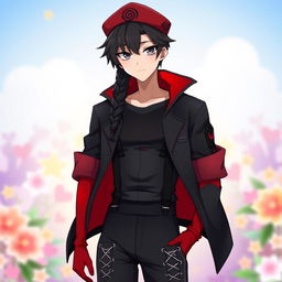 A male character with striking features, showcasing black hair styled with bangs and a long braid that flows down his back