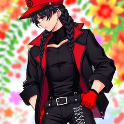 A male character with striking features, showcasing black hair styled with bangs and a long braid that flows down his back