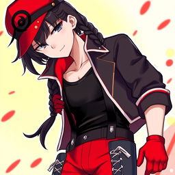 A male character with striking features, showcasing black hair styled with bangs and a long braid that flows down his back