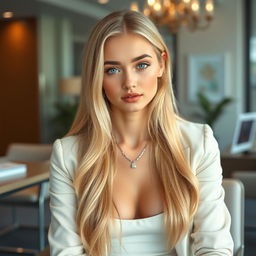 A beautiful, sweet, and innocent young woman with long blonde hair and light blue eyes, seated in an office
