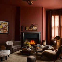 A unique, chic living room theme with a mix of modern and vintage furniture, rich-toned walls, eclectic art pieces, a cozy fireplace, and warm, soft lighting.