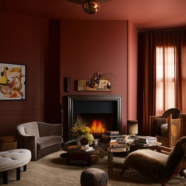 A unique, chic living room theme with a mix of modern and vintage furniture, rich-toned walls, eclectic art pieces, a cozy fireplace, and warm, soft lighting.