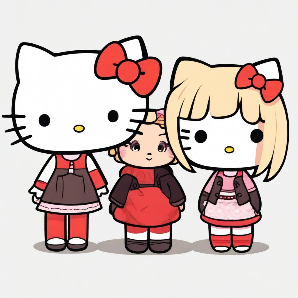 A high-quality digital art image featuring four Hello Kitty-inspired characters with distinct hair colors: red, blonde, brown, and black