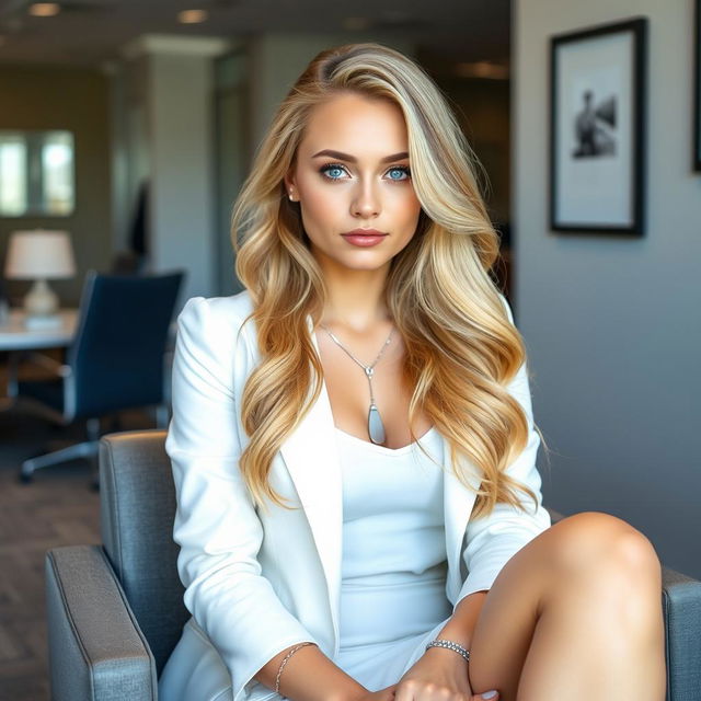 A beautiful, sweet young woman with long, voluminous blonde hair and striking light blue eyes, sitting in an office environment