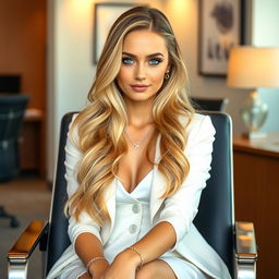 A beautiful, sweet young woman with long, voluminous blonde hair and striking light blue eyes, sitting in an office environment