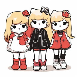 A high-quality digital art image featuring four Hello Kitty-inspired characters with distinct hair colors: red, blonde, brown, and black