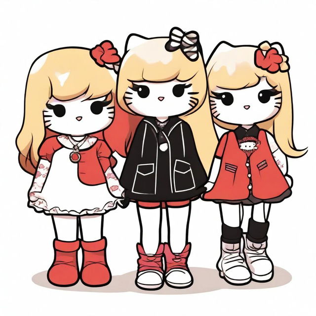 A high-quality digital art image featuring four Hello Kitty-inspired characters with distinct hair colors: red, blonde, brown, and black