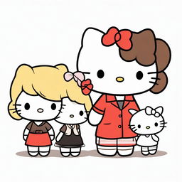 A high-quality digital art image featuring four Hello Kitty-inspired characters with distinct hair colors: red, blonde, brown, and black