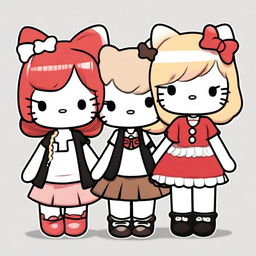 A high-quality digital art image featuring four Hello Kitty-inspired characters with distinct hair colors: red, blonde, brown, and black