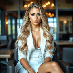 A beautiful and sweet young woman with long, voluptuous blonde hair and captivating light blue eyes, sitting in a stylish office environment