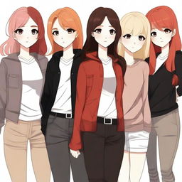 A high-quality digital art image featuring four girls with distinct hair colors: red, blonde, brown, and black