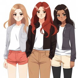 A high-quality digital art image featuring four girls with distinct hair colors: red, blonde, brown, and black