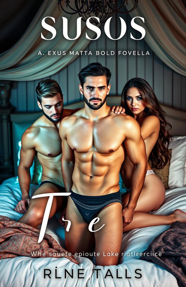 A sensual and sexy erotica novella book cover depicting an enticing threesome scenario in a luxurious bedroom