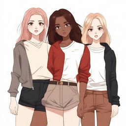 A high-quality digital art image featuring four girls with distinct hair colors: red, blonde, brown, and black