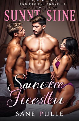 A sensual and sexy erotica novella book cover showcasing a provocative threesome in an elegant bedroom