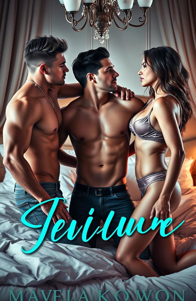 A sensual and sexy erotica novella book cover showcasing a provocative threesome in an elegant bedroom