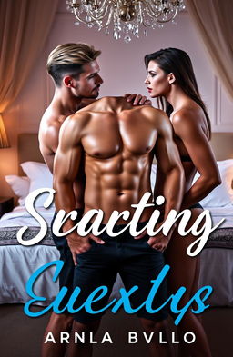 A sensual and sexy erotica novella book cover showcasing a provocative threesome in an elegant bedroom