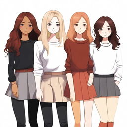 A high-quality digital art image featuring four girls with distinct hair colors: red, blonde, brown, and black