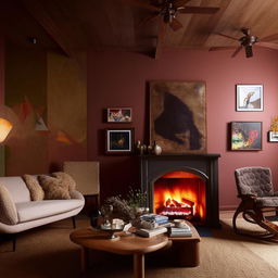 A unique, chic living room theme with a mix of modern and vintage furniture, rich-toned walls, eclectic art pieces, a cozy fireplace, and warm, soft lighting.