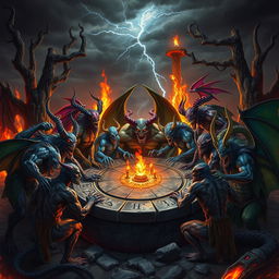 A dramatic and dynamic scene of a demon assembly, featuring a variety of vividly designed demons with different colors, shapes, and styles in a dark, fiery setting