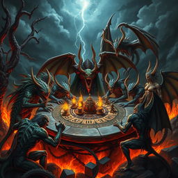 A dramatic and dynamic scene of a demon assembly, featuring a variety of vividly designed demons with different colors, shapes, and styles in a dark, fiery setting