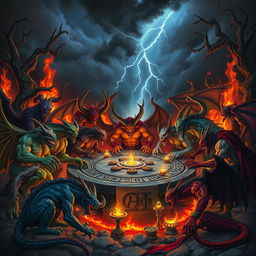 A dramatic and dynamic scene of a demon assembly, featuring a variety of vividly designed demons with different colors, shapes, and styles in a dark, fiery setting