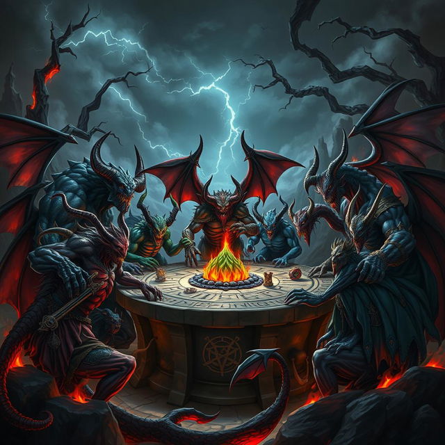 A dramatic and dynamic scene of a demon assembly, featuring a variety of vividly designed demons with different colors, shapes, and styles in a dark, fiery setting