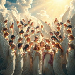 A grand assembly of angels in a celestial setting, featuring diverse angels of various ethnicities with majestic wings, radiant auras, and ornate garments